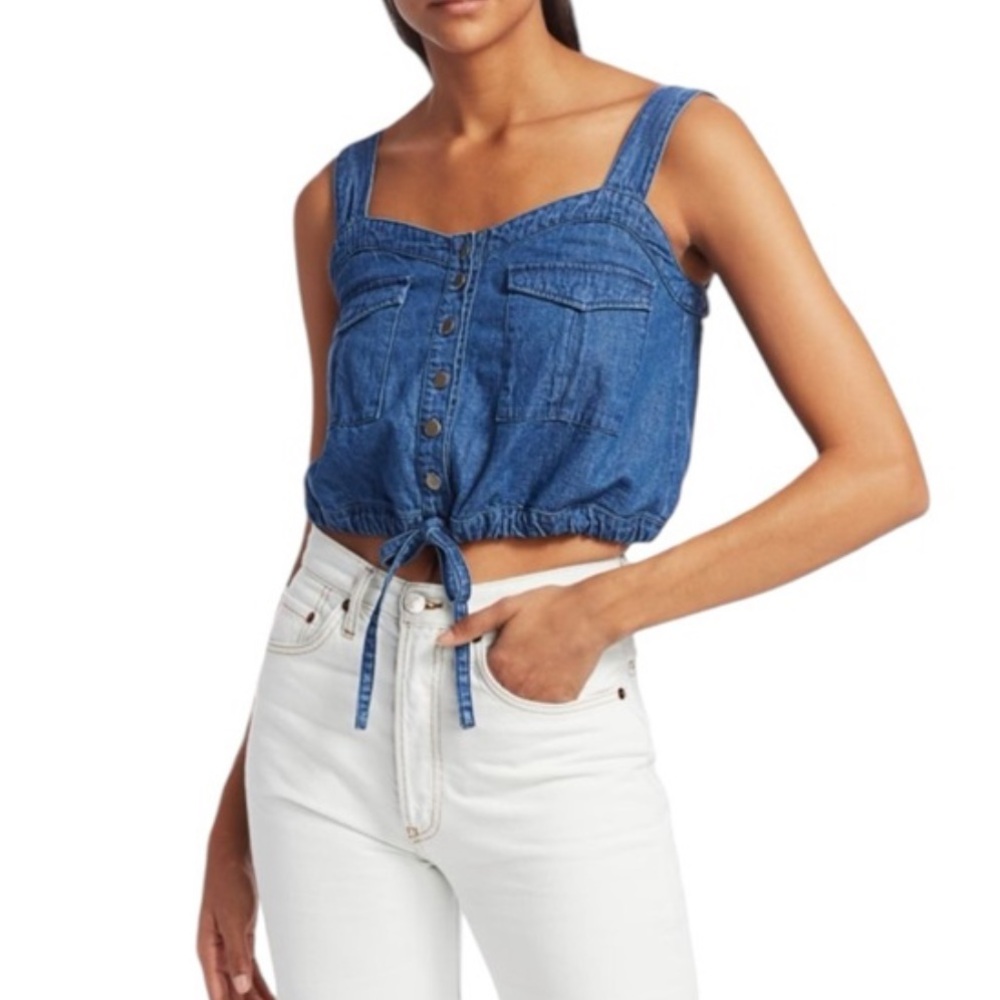We The‎ Free Free People Palm Desert Blue Denim Top Cropped Button Front Tie